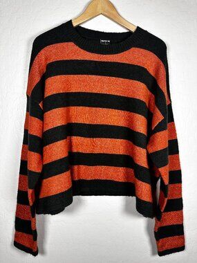 Hurley Orange & Black Striped Cropped Sweater Large Oversized Fall Pullover